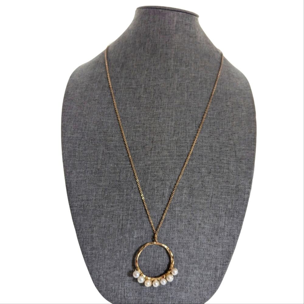 Trendy Gold Tone Long Fresh Water Pearl Hammered Pendant Chain Necklace 30"